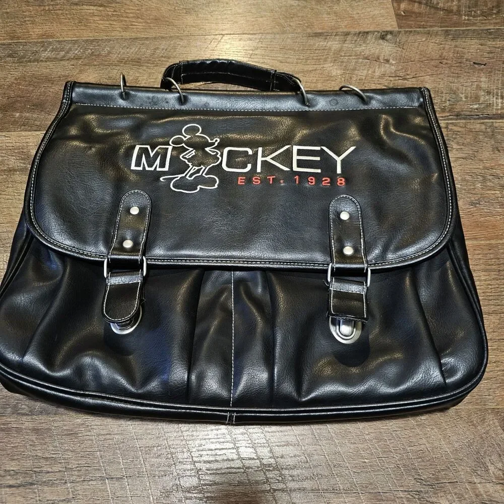 Disney Mickey Mouse Est 1928 Black Faux Leather Messenger Satchel Bag Vintage